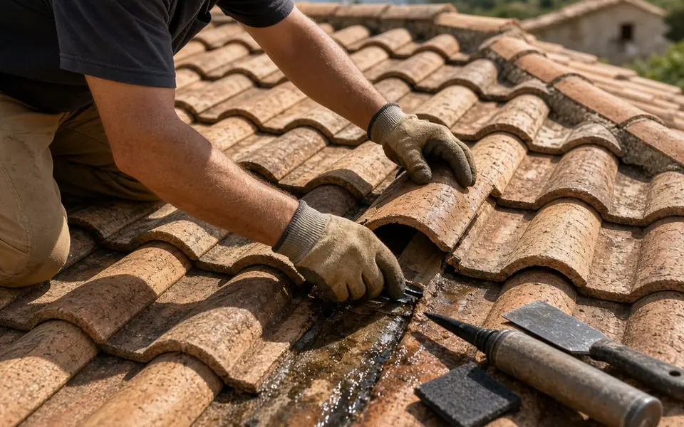 Couvreur sur toiture en tuiles — illustration d’intervention