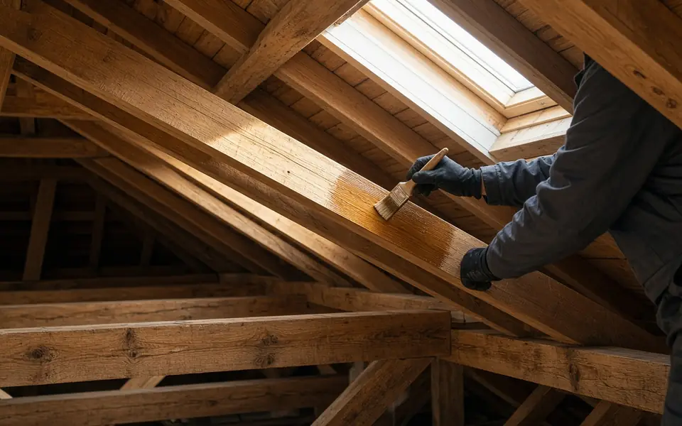 Charpente en bois sous rampant — illustration traitement