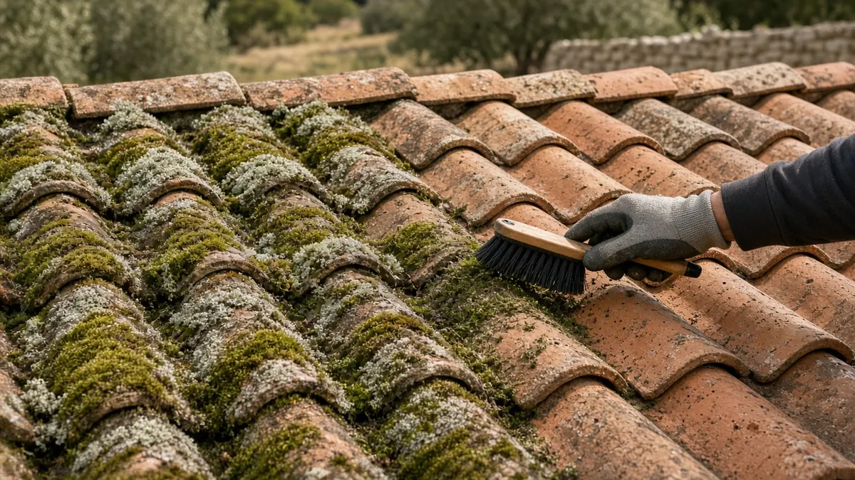 Toiture en tuiles colonisée par la mousse — situation typique avant démoussage
