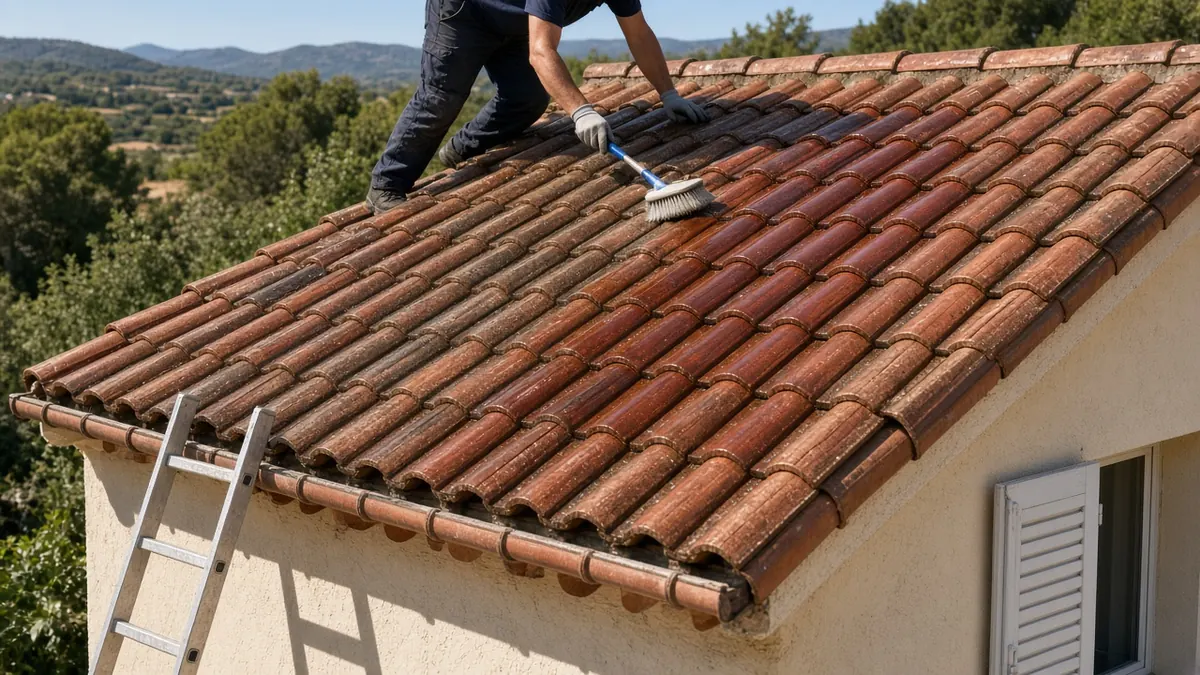 Toiture en tuiles encrassée par des salissures — cas typique avant nettoyage