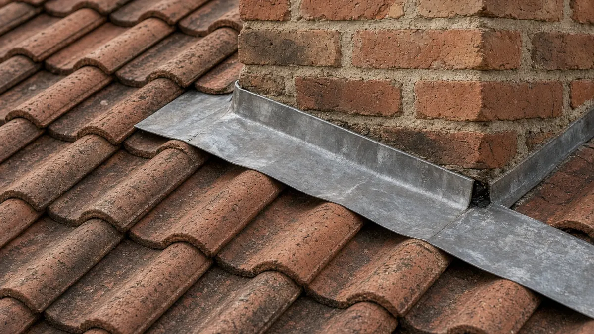Solin métallique au raccord entre une cheminée en brique et une toiture en tuiles